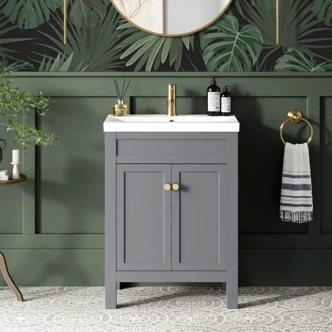 Bermuda Dove Grey Basin Vanity 600mm - Brushed Brass Accents