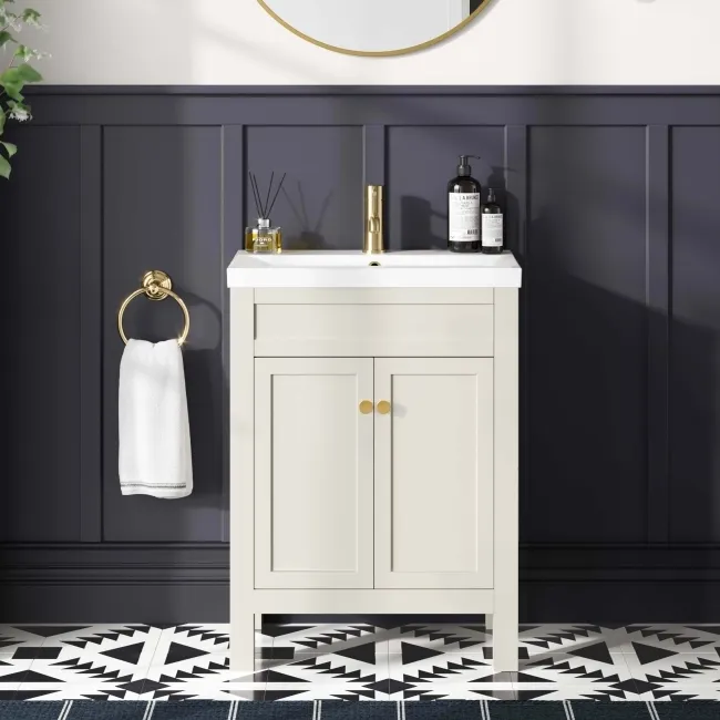 Bermuda Chalk White Basin Vanity 600mm - Brushed Brass Accents