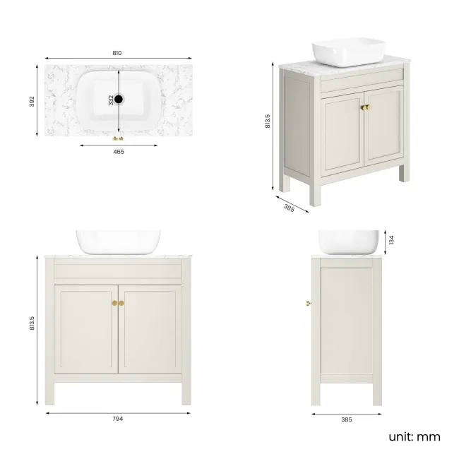 Bermuda Chalk White Vanity with Marble Top & Curved Counter Top Basin 800mm - Brushed Brass Accents