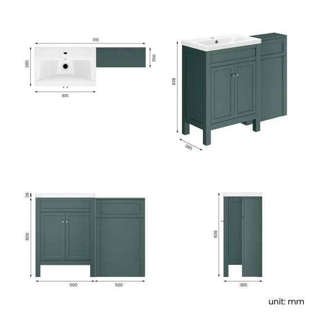 Bermuda Midnight Green Basin Vanity Drawer and Back To Wall Toilet 1100mm (Excludes Pan & Cistern)