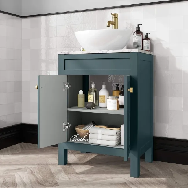 Bermuda Midnight Green Vanity with Marble Top & Oval Counter Top Basin 600mm - Brushed Brass Accents