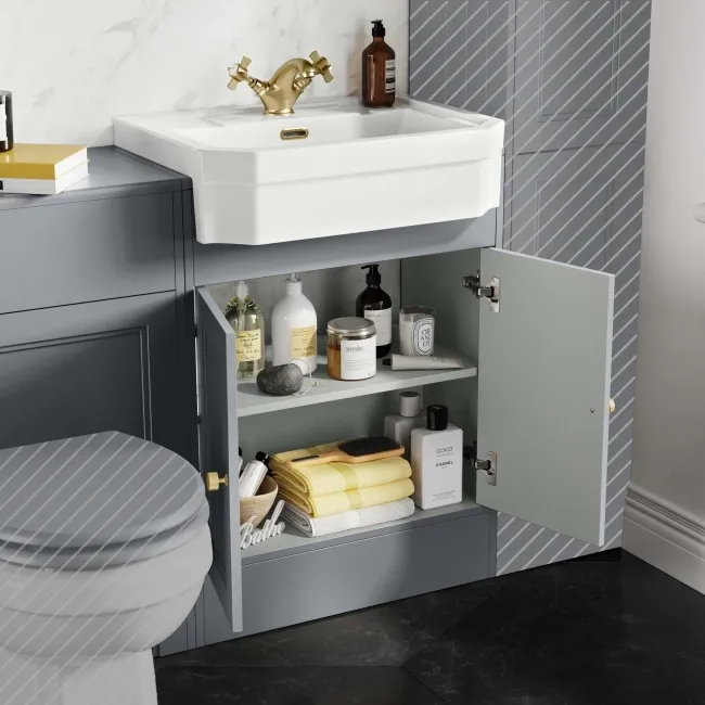 Monaco Dove Grey Traditional Basin Vanity and Back To Wall Unit 1200mm (Excludes Pan & Cistern) - Brushed Brass Accents