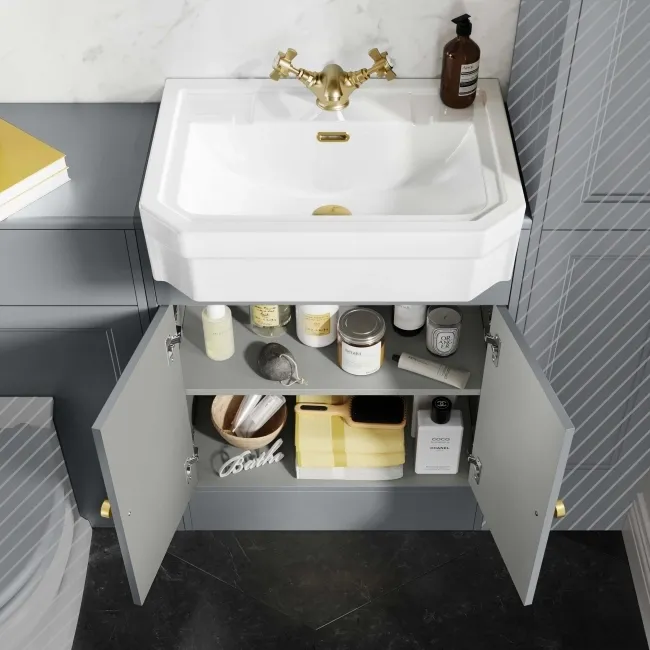 Monaco Dove Grey Traditional Basin Vanity and Back To Wall Unit 1200mm (Excludes Pan & Cistern) - Brushed Brass Accents