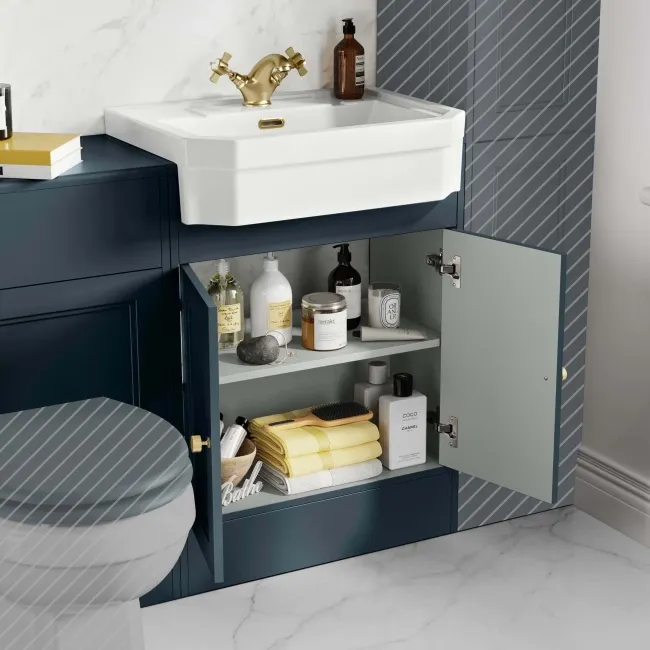 Monaco Inky Blue Traditional Basin Vanity and Back To Wall Unit 1200mm (Excludes Pan & Cistern) - Brushed Brass Accents