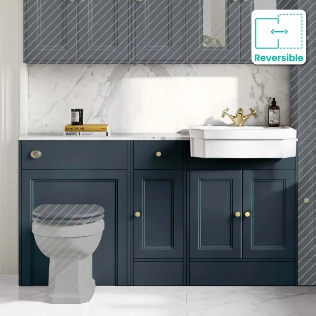 Monaco Inky Blue Combination Vanity Traditional Basin with Marble Top 1500mm (Excludes Pan & Cistern) - Brushed Brass Accents