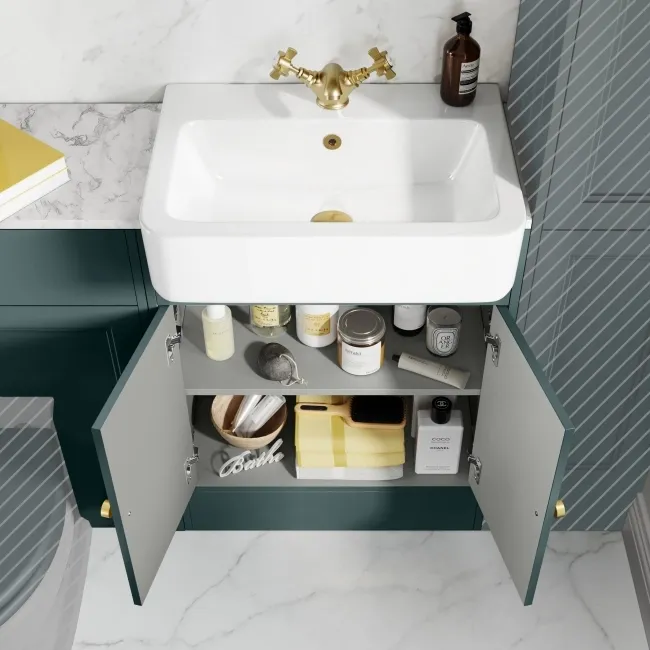 Monaco Midnight Green Combination Vanity Basin with Marble Top 1200mm (Excludes Pan & Cistern) - Brushed Brass Accents
