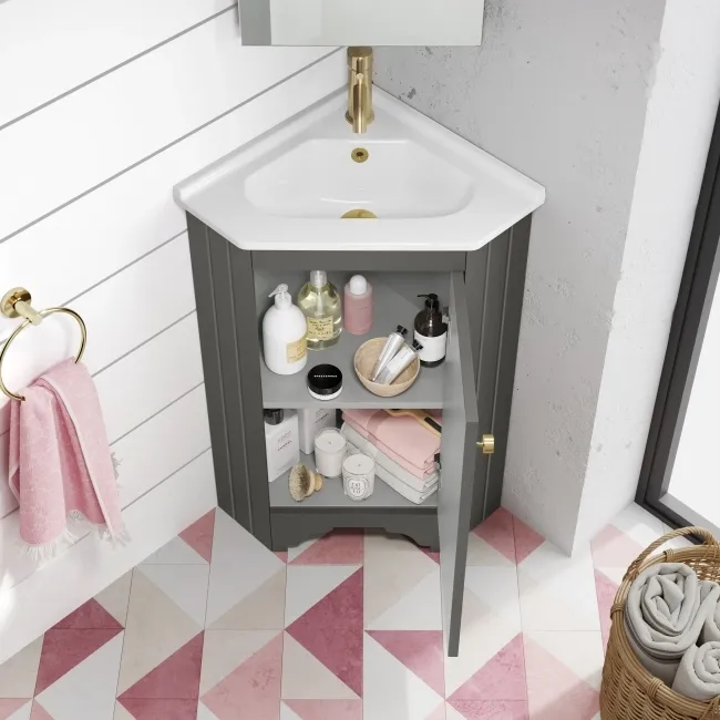 Lucia Graphite Grey Corner Basin Vanity 400mm - Brushed Brass Accents