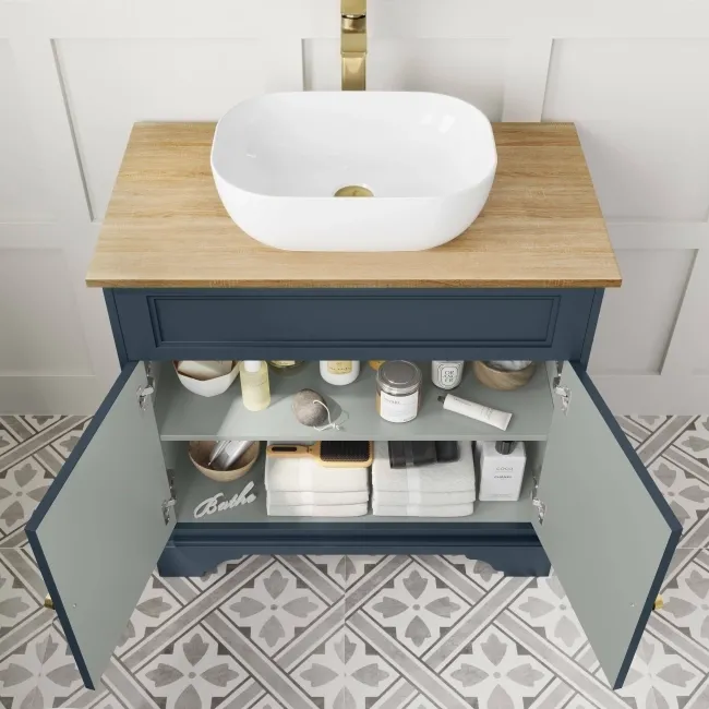 Lucia Inky Blue Vanity with Oak Effect Top & Curved Counter Top Basin 840mm - Brushed Brass Accents