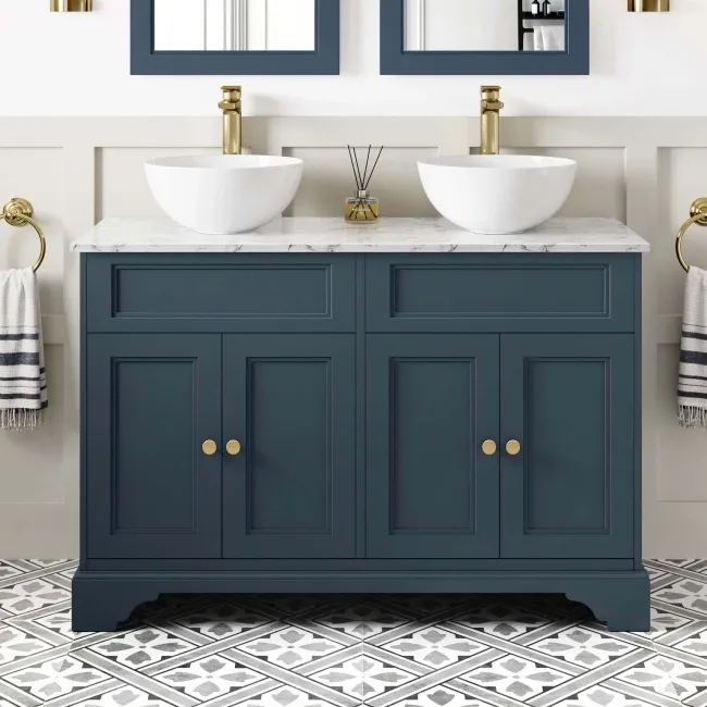 Lucia Inky Blue Double Vanity with Marble Top & Round Counter Top Basin 1200mm - Brushed Brass Accents