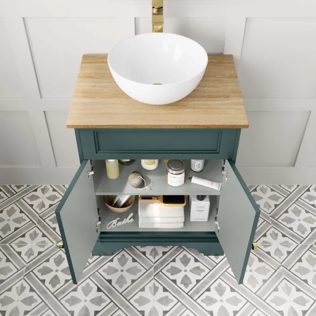 Lucia Midnight Green Vanity with Oak Effect Top & Round Counter Top Basin 640mm - Brushed Brass Accents