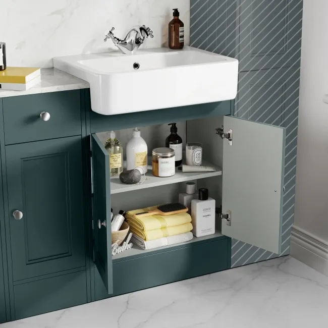 Monaco Midnight Green Combination Vanity Basin with Marble Top and Hudson Toilet with Wooden Seat 1500mm