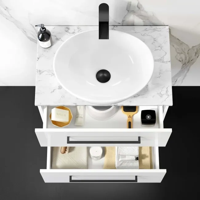 Elba Gloss White Wall Hung Drawer Vanity with Marble Top & Oval Counter Top Basin 600mm - Black Accents