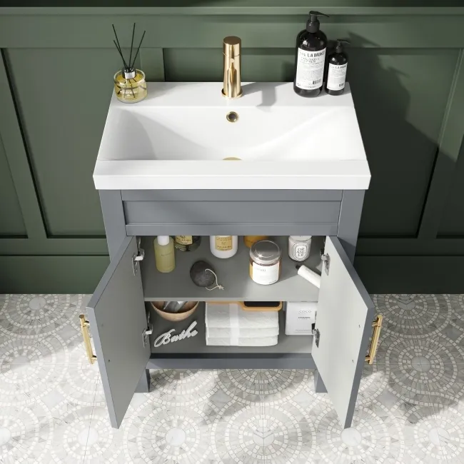 Bermuda Dove Grey Basin Vanity 600mm - Brass Knurled Handles