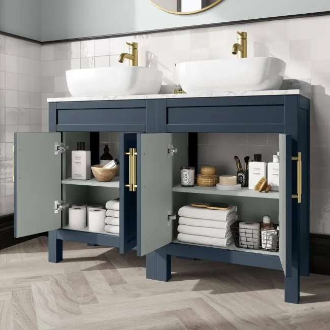 Bermuda Inky Blue Vanity with Marble Top & Curved Counter Top Basin 1200mm - Brass Knurled Handles