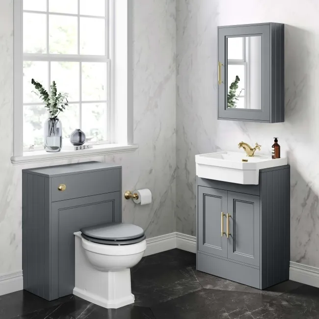 Dove Grey Mirror Cabinet 700x500mm - Brass Knurled Handles