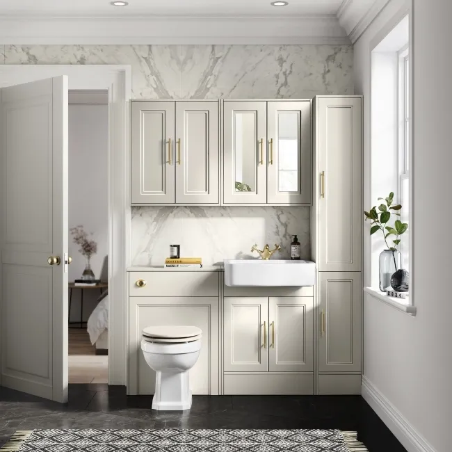 Monaco Chalk White Basin Vanity and Back To Wall Toilet Unit 1200mm (Excludes Pan & Cistern) - Brass Knurled Handles