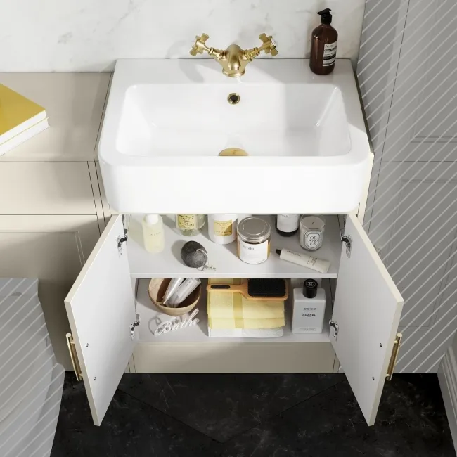 Monaco Chalk White Basin Vanity and Back To Wall Toilet Unit 1200mm (Excludes Pan & Cistern) - Brass Knurled Handles