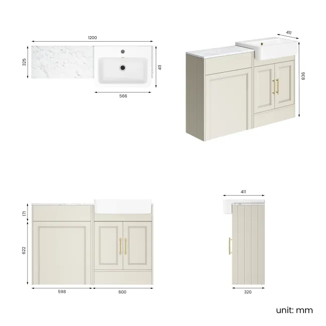 Monaco Chalk White Combination Vanity Basin with Marble Top 1200mm (Excludes Pan & Cistern) - Brass Knurled Handles