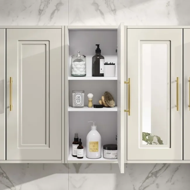 Chalk White Wall Hung Cabinet 700x300mm - Brass Knurled Handles