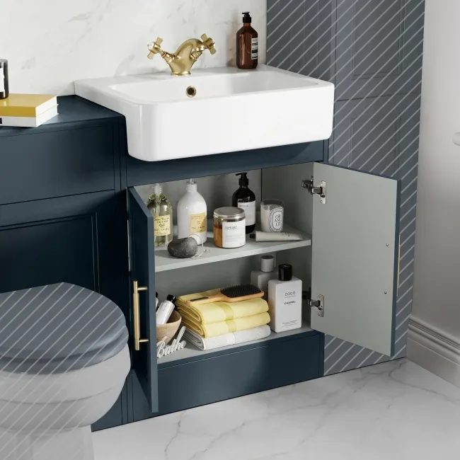 Monaco Inky Blue Basin Vanity and Back To Wall Unit 1200mm (Excludes Pan & Cistern) - Brass Knurled Handles