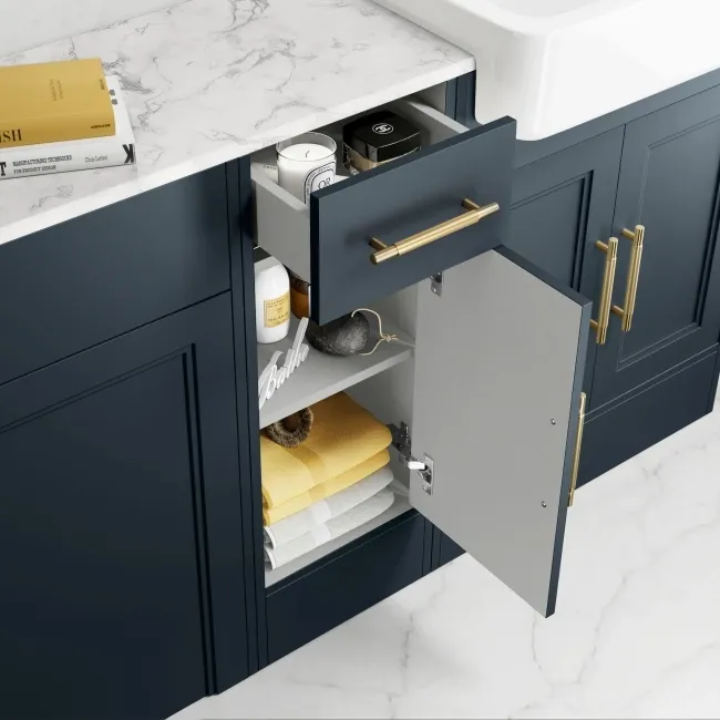 Monaco Inky Blue Combination Vanity Basin with Marble Top 1500mm (Excludes Pan & Cistern) - Brass Knurled Handles