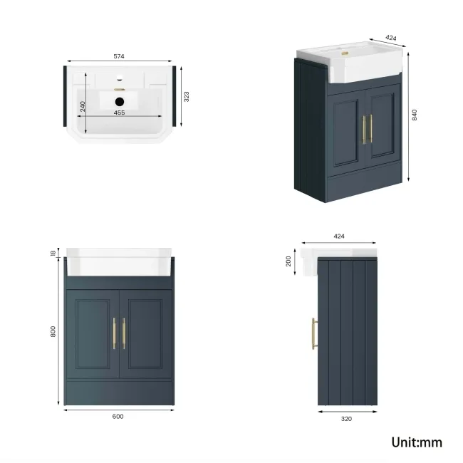 Monaco Inky Blue Traditional Basin Vanity 600mm - Brass Knurled Handles