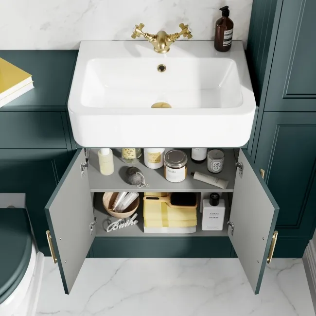 Monaco Midnight Green Basin Vanity 600mm - Brass Knurled Handles