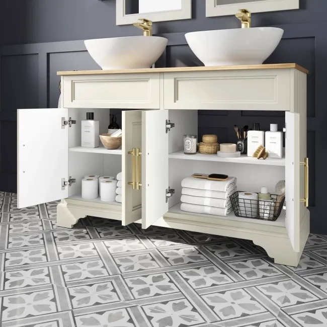 Lucia Chalk White Double Vanity with Oak Effect Top & Oval Counter Top Basin 1200mm - Brass Knurled Handles