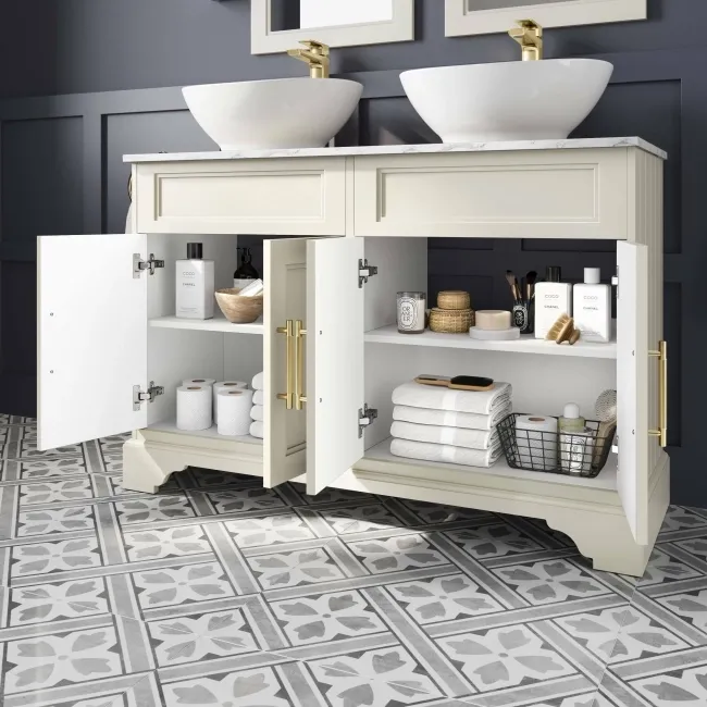 Lucia Chalk White Double Vanity with Marble Top & Oval Counter Top Basin 1200mm - Brass Knurled Handles