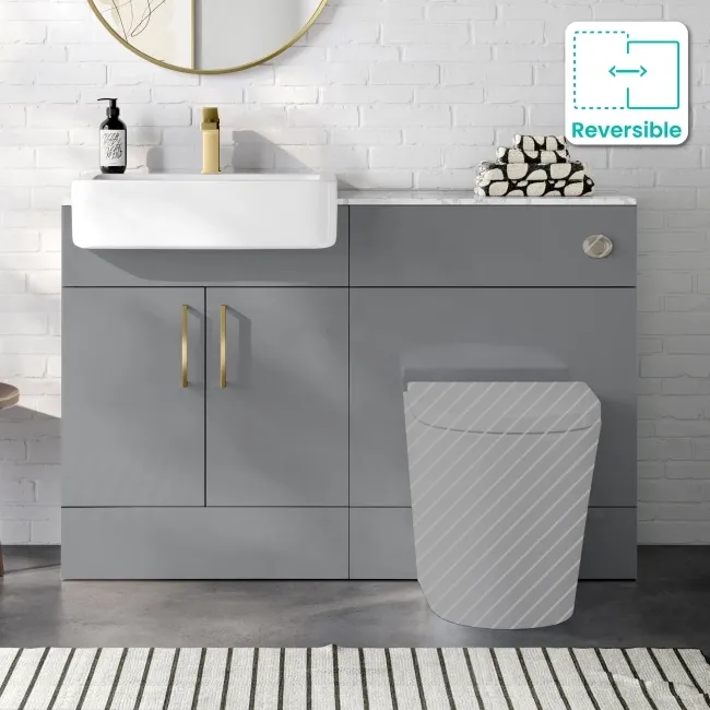 Harper Stone Grey Basin Vanity with Marble Top & Back To Wall Unit 1200mm (Excludes Toilet) - Brushed Brass Accents