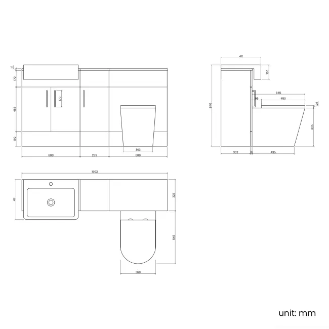 Harper Navy Blue Combination Vanity Basin and Boston Toilet 1500mm - Black Accents
