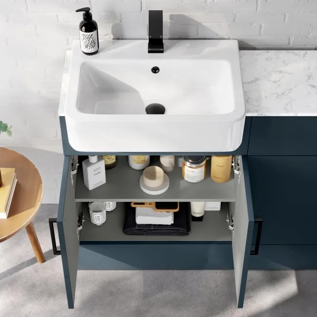 Harper Navy Blue Combination Vanity Basin with Marble Top & Houston Toilet 1200mm - Black Accents