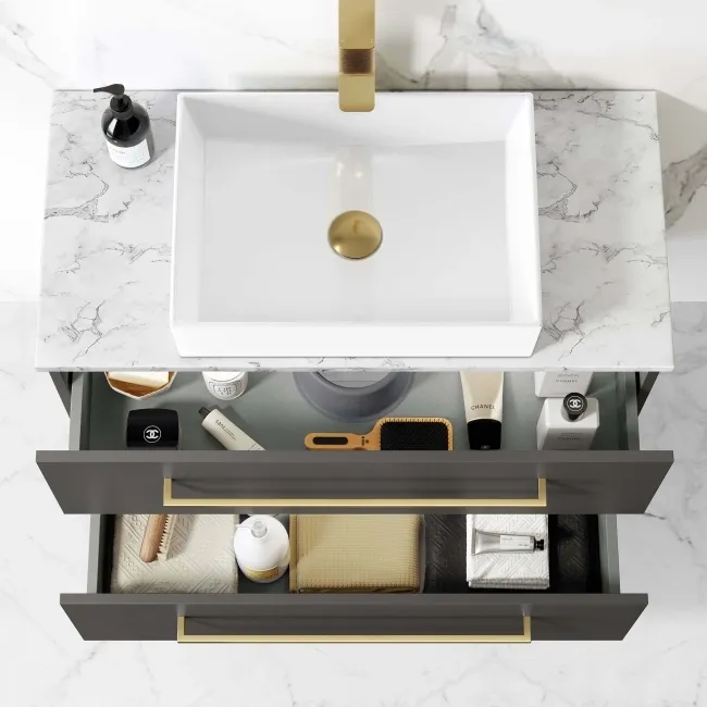 Elba Graphite Grey Wall Hung Drawer Vanity with Marble Top & Cody Basin 800mm - Brushed Brass Accents