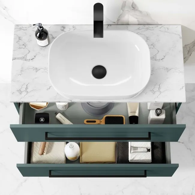 Elba Midnight Green Wall Hung Drawer Vanity with Marble Top & Curved Counter Top Basin 800mm - Black Accents