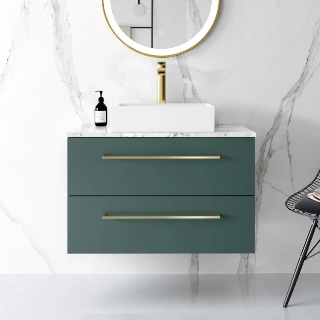 Elba Midnight Green Wall Hung Drawer Vanity with Marble Top & Cody Basin 800mm - Brushed Brass Accents