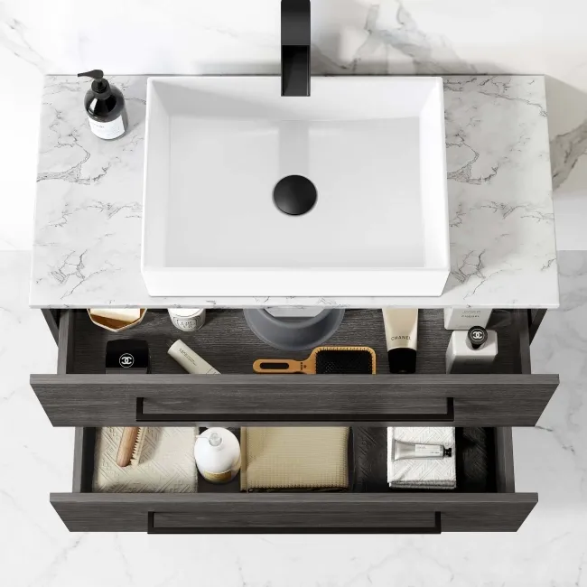 Elba Charcoal Elm Wall Hung Drawer Vanity with Marble Top & Cody Basin 800mm - Black Accents