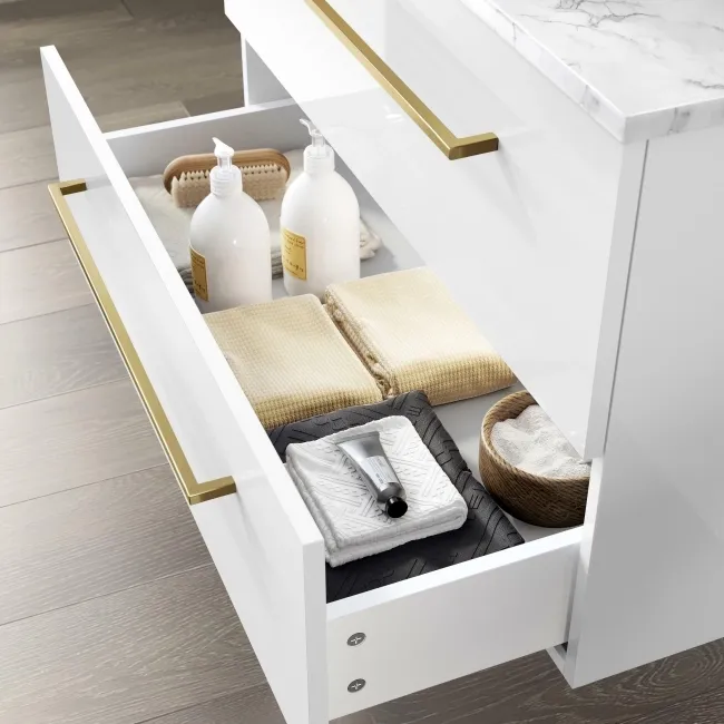 Elba Gloss White Wall Hung Drawer Vanity with Marble Top & Cody Basin 800mm - Brushed Brass Accents