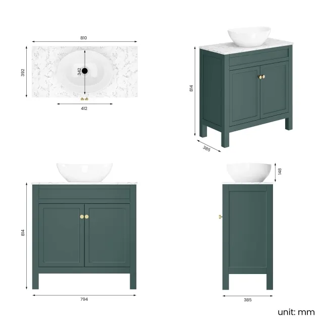 Bermuda Midnight Green Vanity with Marble Top & Oval Counter Top Basin 800mm - Brushed Brass Accents