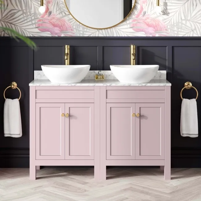 Bermuda Cashmere Pink Vanity with Marble Top & Oval Counter Top Basin 1200mm - Brushed Brass Accents