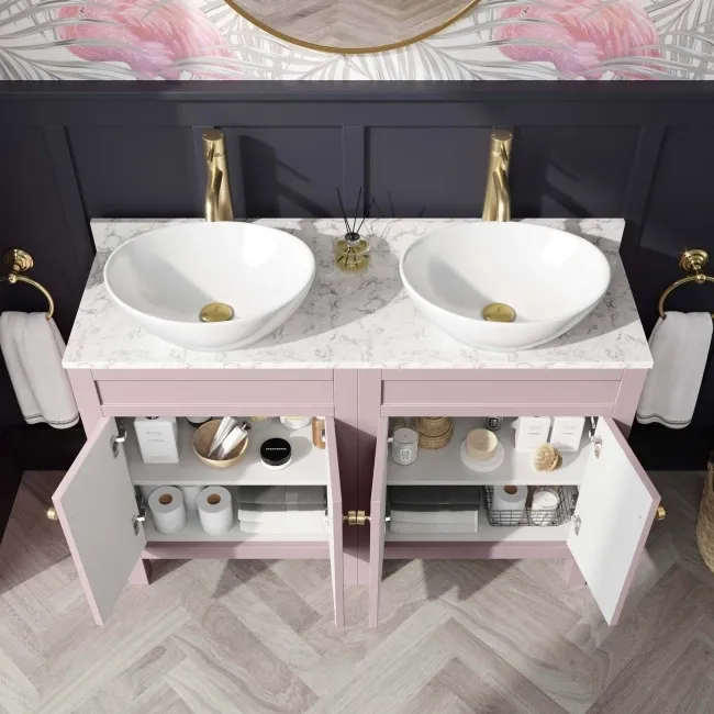 Bermuda Cashmere Pink Vanity with Marble Top & Oval Counter Top Basin 1200mm - Brushed Brass Accents