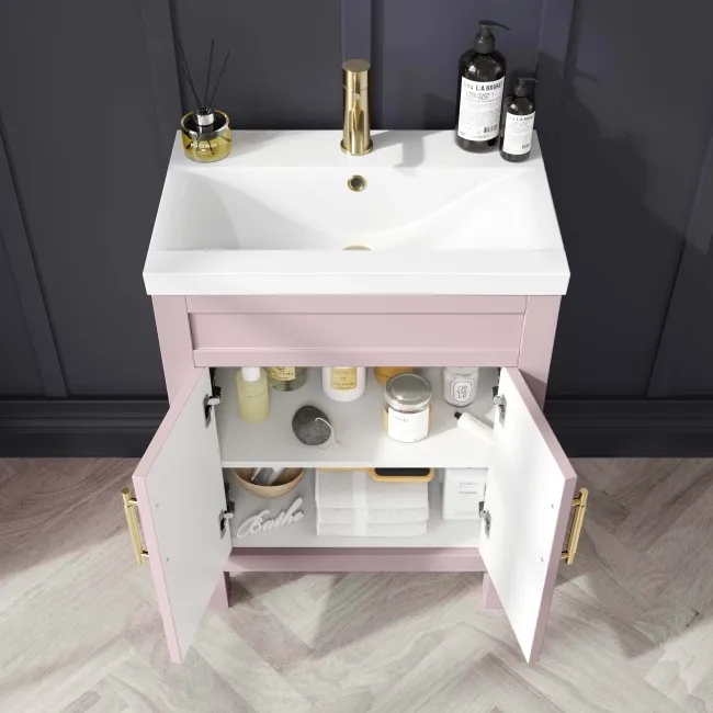 Bermuda Cashmere Pink Basin Vanity 600mm - Brass Knurled Handles