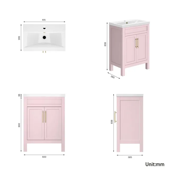 Bermuda Cashmere Pink Basin Vanity 600mm - Brass Knurled Handles