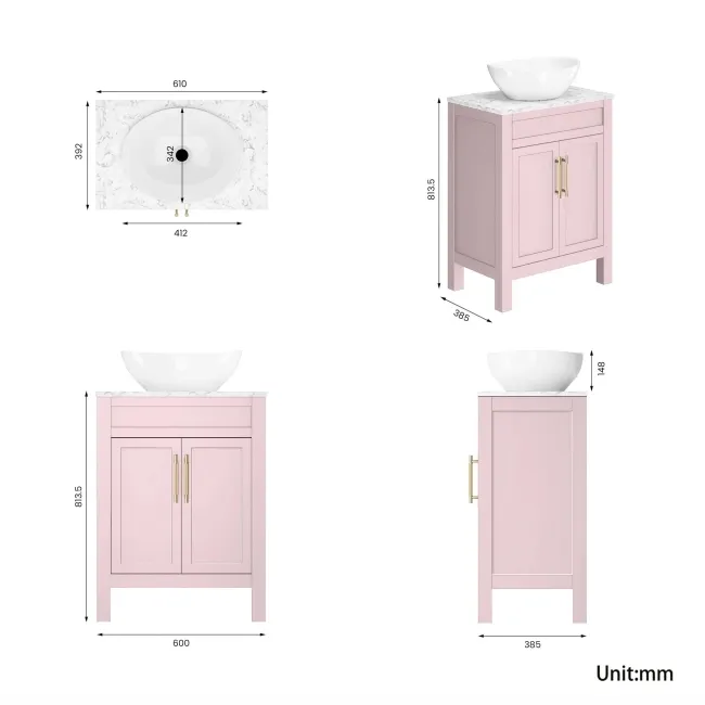 Bermuda Cashmere Pink Vanity with Marble Top & Oval Counter Top Basin 600mm - Brass Knurled Handles