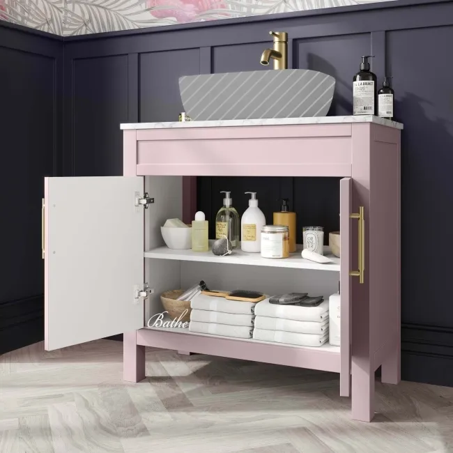 Bermuda Cashmere Pink Cabinet with Marble Top 800mm (Excludes Counter Top Basin) - Brass Knurled Handles