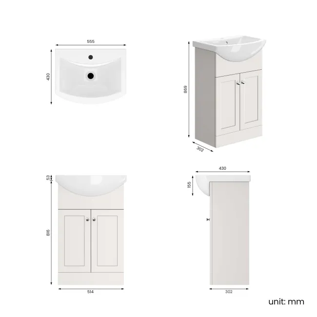 Capri Cotton White Vanity with Semi Recessed Basin 550mm - Chrome Handles