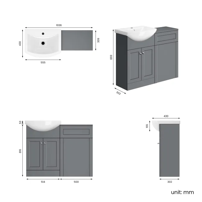 Capri Fog Grey Basin Vanity and Back To Wall Unit 1050mm (Excludes Toilet) - Chrome Handles