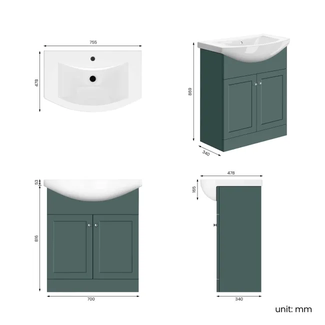 Capri Mystic Green Vanity with Semi Recessed Basin 750mm - Brushed Handles
