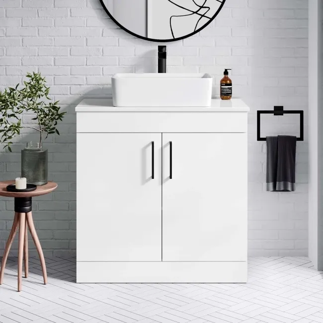 Mersey Gloss White Vanity with Troy Basin 800mm - Black Accents