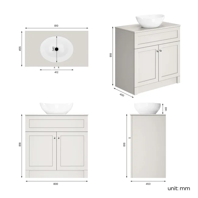 Milos Cotton White Vanity with Oval Basin 800mm - Brushed Handles