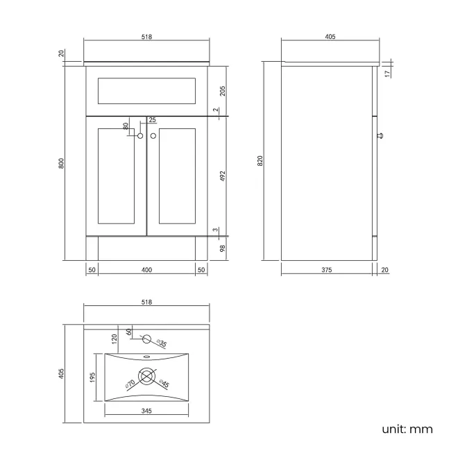 Milos Cotton White Basin Vanity 500mm - Chrome Handles